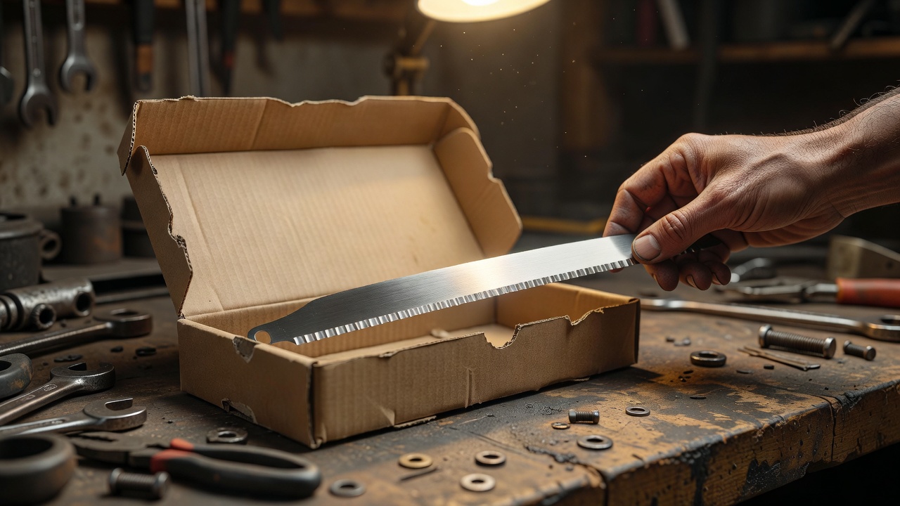 New mower blade being removed from packaging ready to install without sharpening
