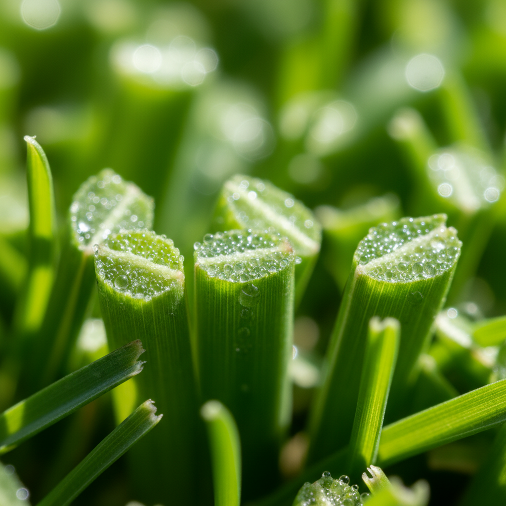 Macro close-up of freshly cut grass blade tips with moisture on the exposed cut surfaces
