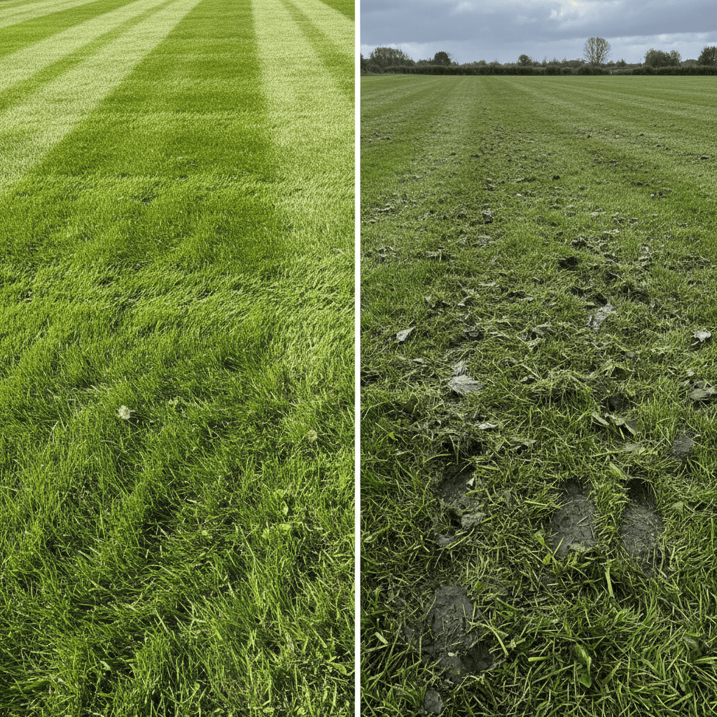 A split image comparing a cleanly cut dry lawn to a poorly cut, clumpy wet lawn.
