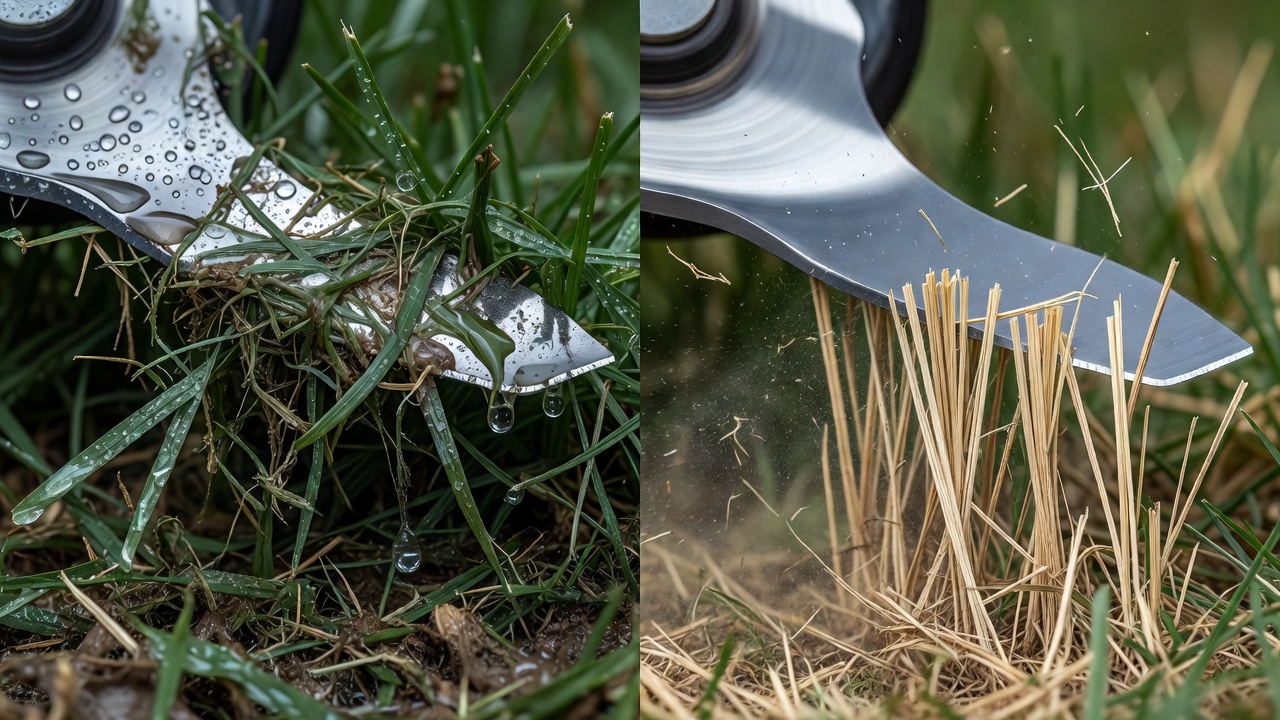 Comparison of wet grass clogging mower blades versus dry grass cutting cleanly