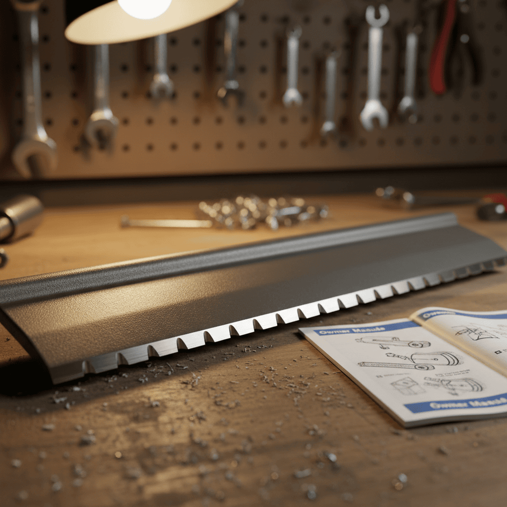 Should You Sharpen New Mower Blades? (Key Factors & Maintenance Guide) Factory-new mower blade with a clean cutting edge resting beside an owner's manual