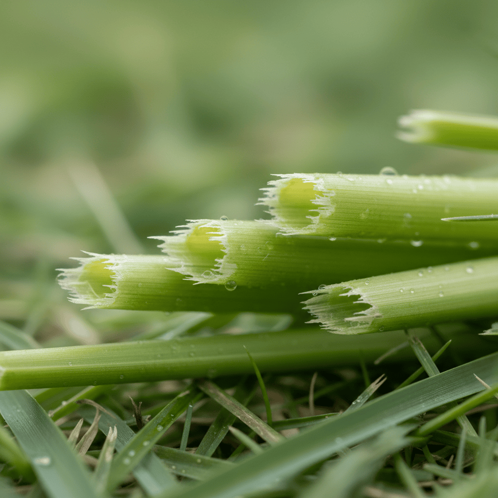 Macro view of freshly cut grass blade tips, showing the open wounds that need time to heal before watering.