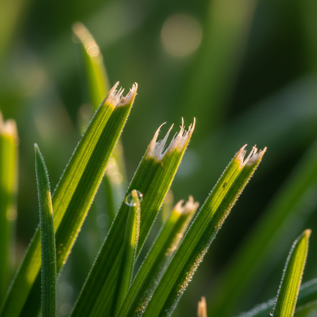 Should You Water Your Lawn After Mowing? (Timing, Tips & What to Avoid) Close-up of freshly cut grass blade tips showing cut surfaces after mowing