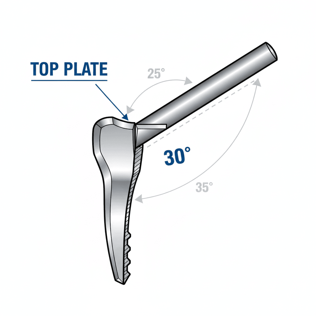 Diagram showing 30-degree sharpening angle on chainsaw tooth