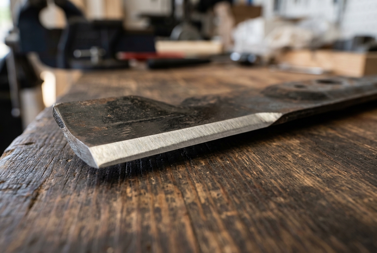 Close-up of the factory bevel land on a rotary lawn mower blade.
