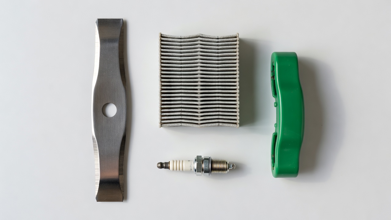 Lawn mower components including blade, air filter, spark plug, and deck height adjuster arranged on white surface