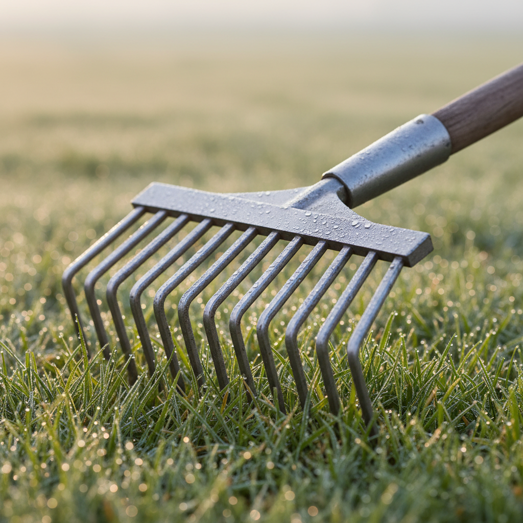 Close-up of a garden rake head showing curved metal tines on a dewy lawn