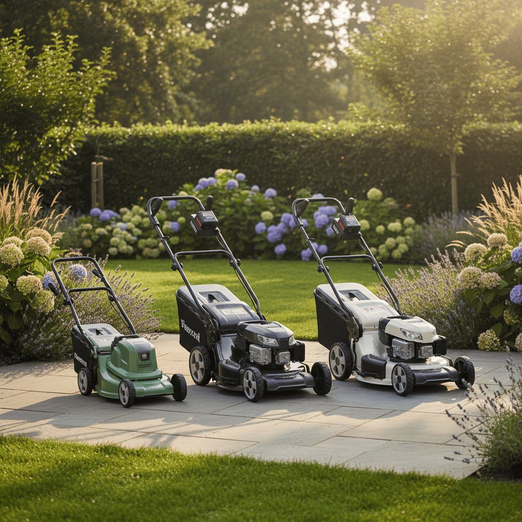 Three styles of battery lawn mowers lined up on a patio beside a landscaped backyard