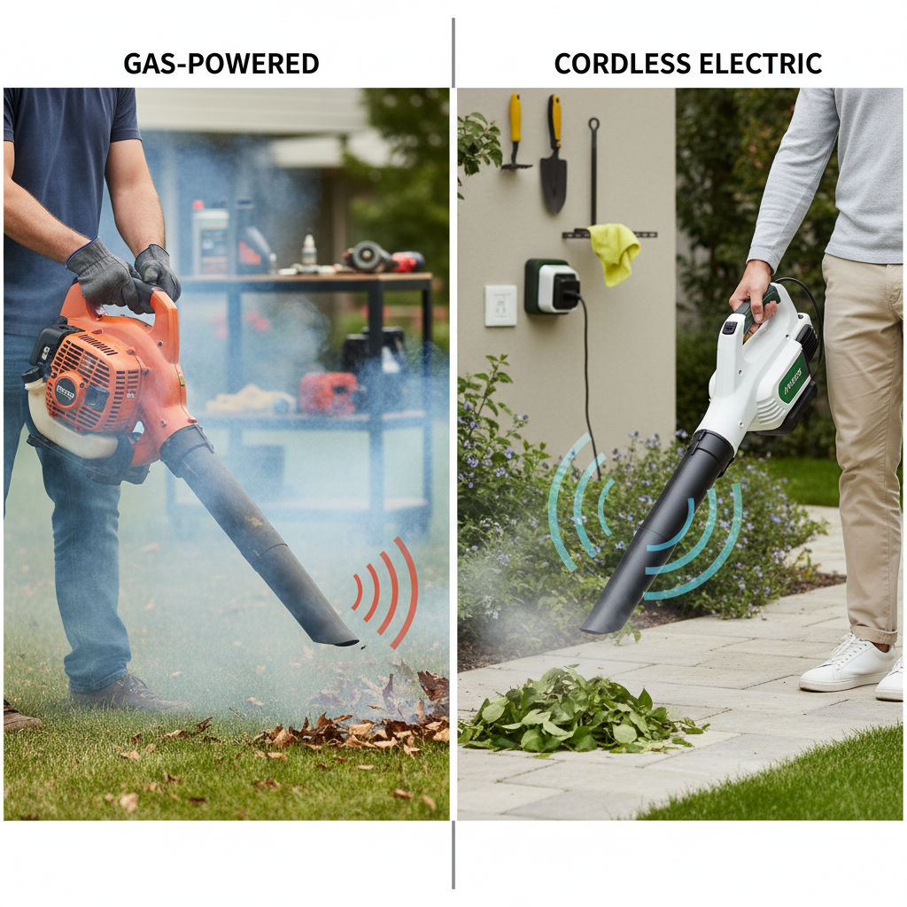 Comparison between gas-powered and cordless leaf blowers showing emissions and design differences