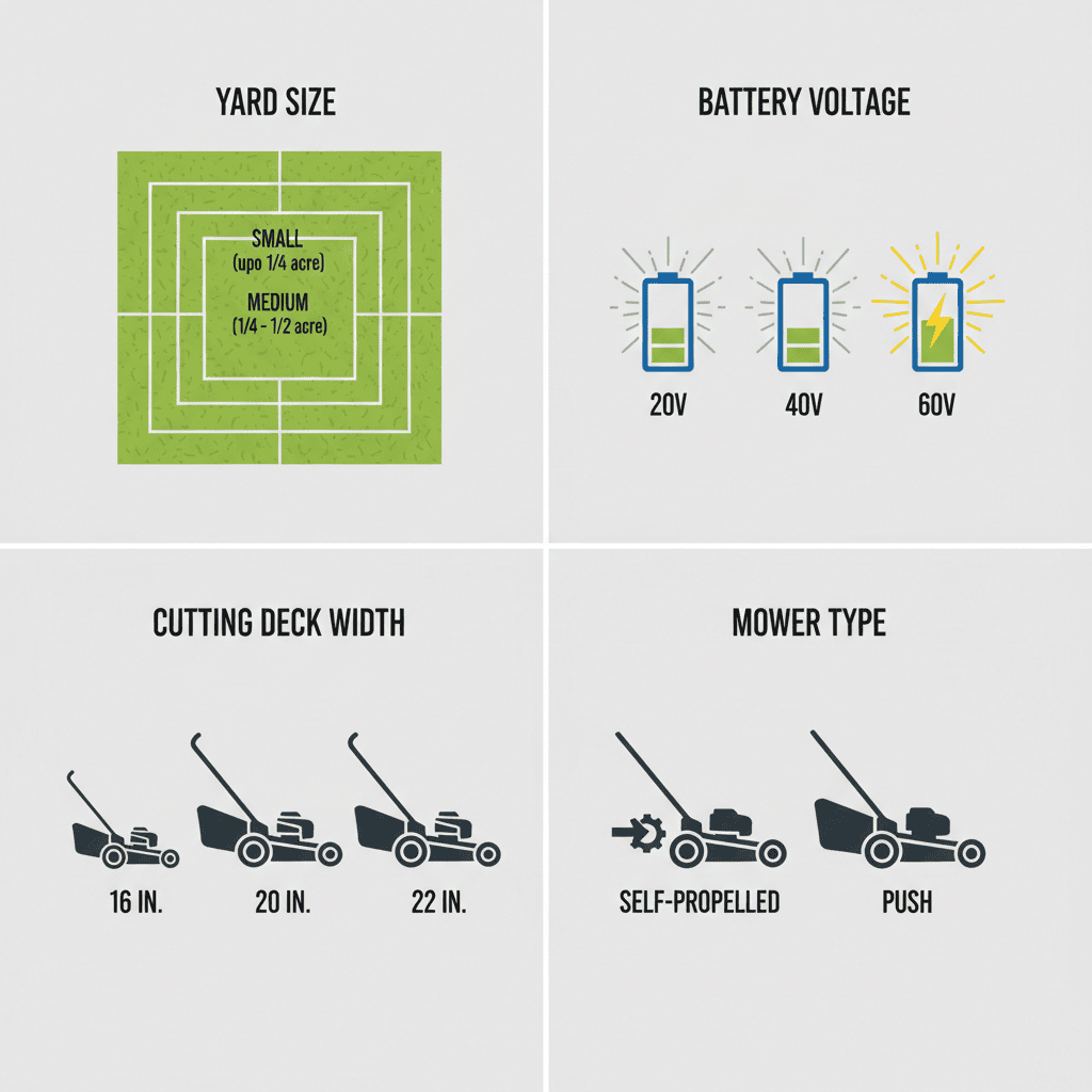 What Are the Best Electric Lawn Mowers? (Key Factors & Buyer Guide) Visual comparison of four key lawn mower buying factors: yard size, battery voltage, deck width, and propulsion type