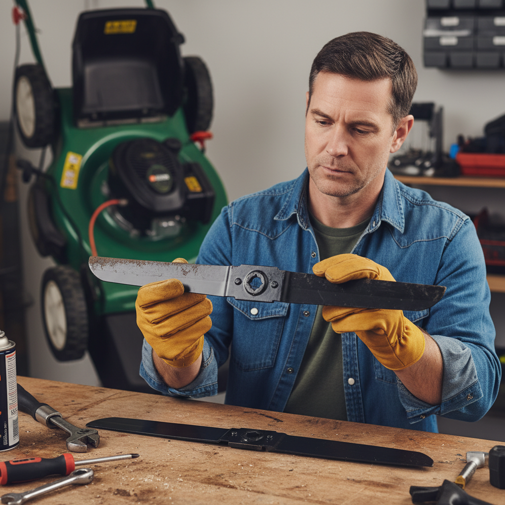 A person comparing an old lawn mower blade with a new one at a workbench