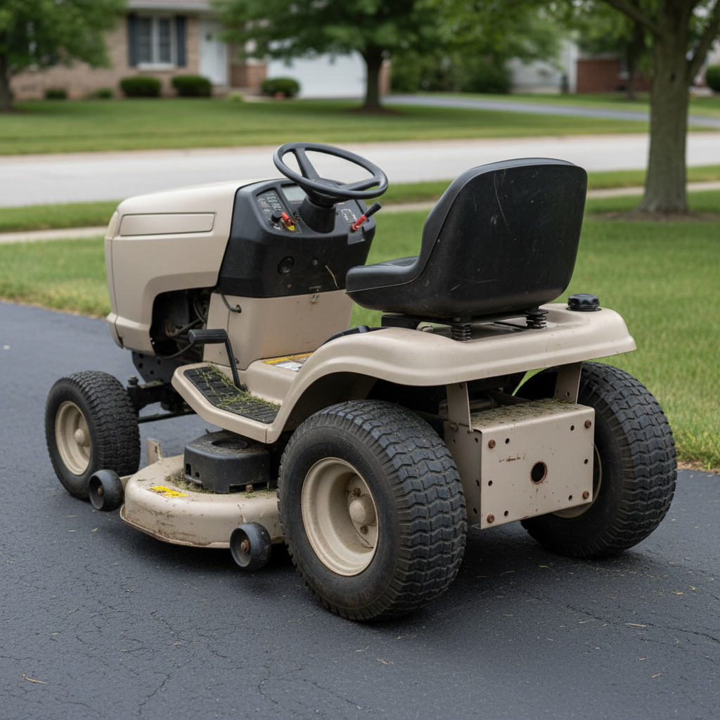 A front-engine lawn tractor parked to show its mid-mount deck and rear hitch.