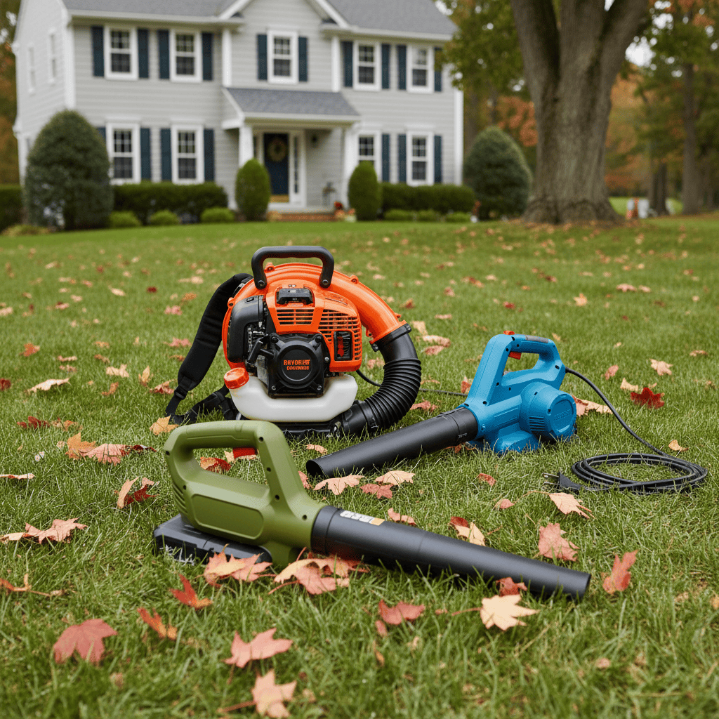 Three types of leaf blowers arranged on a lawn with scattered autumn leaves