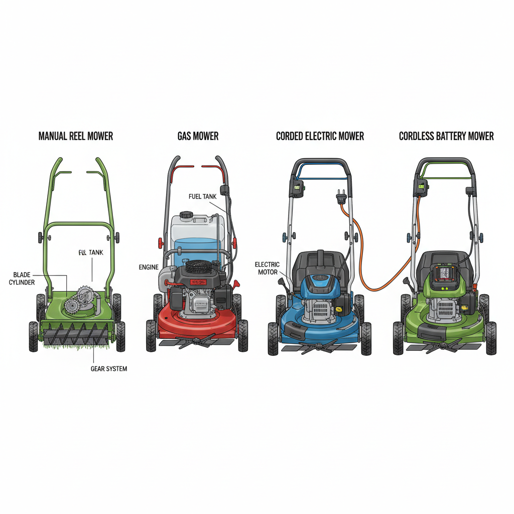 What Are the Best Push Mowers? A Buyer's Guide to Types, Features, and Performance Technical diagram showing internal mechanics of four push mower types