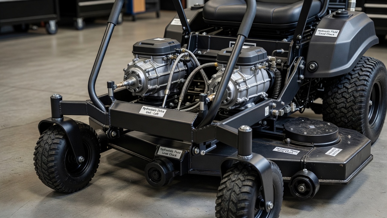 Zero turn mower transmission and steering mechanism detail