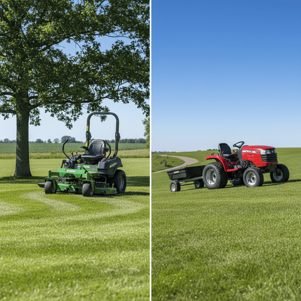 Side-by-side comparison of a zero-turn mower maneuvering around a tree and a lawn tractor towing a cart on a gentle slope
