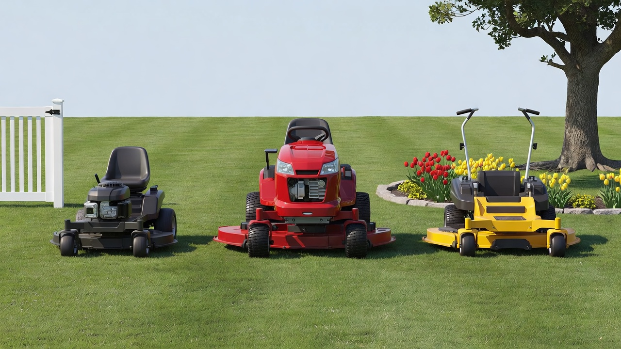 What Are the Best Riding Mowers? (How to Choose the Right One for Your Yard) Three types of riding mowers displayed side-by-side: rear-engine mower, front-engine lawn tractor, and zero-turn mower.