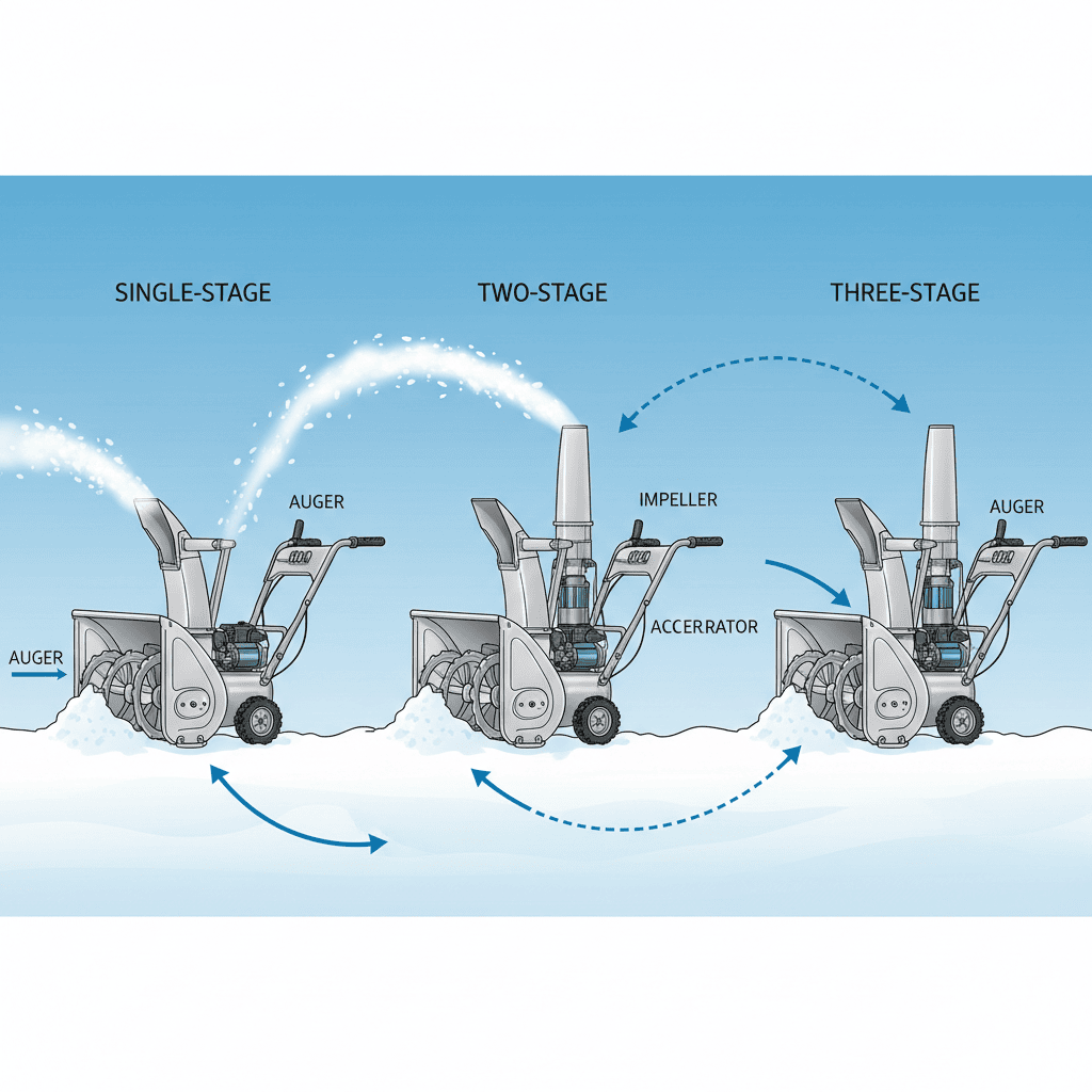 What Are the Best Snow Blowers? (Complete Buyer's Guide) Mechanical cutaway comparison of single-stage, two-stage, and three-stage snow blower internal mechanisms