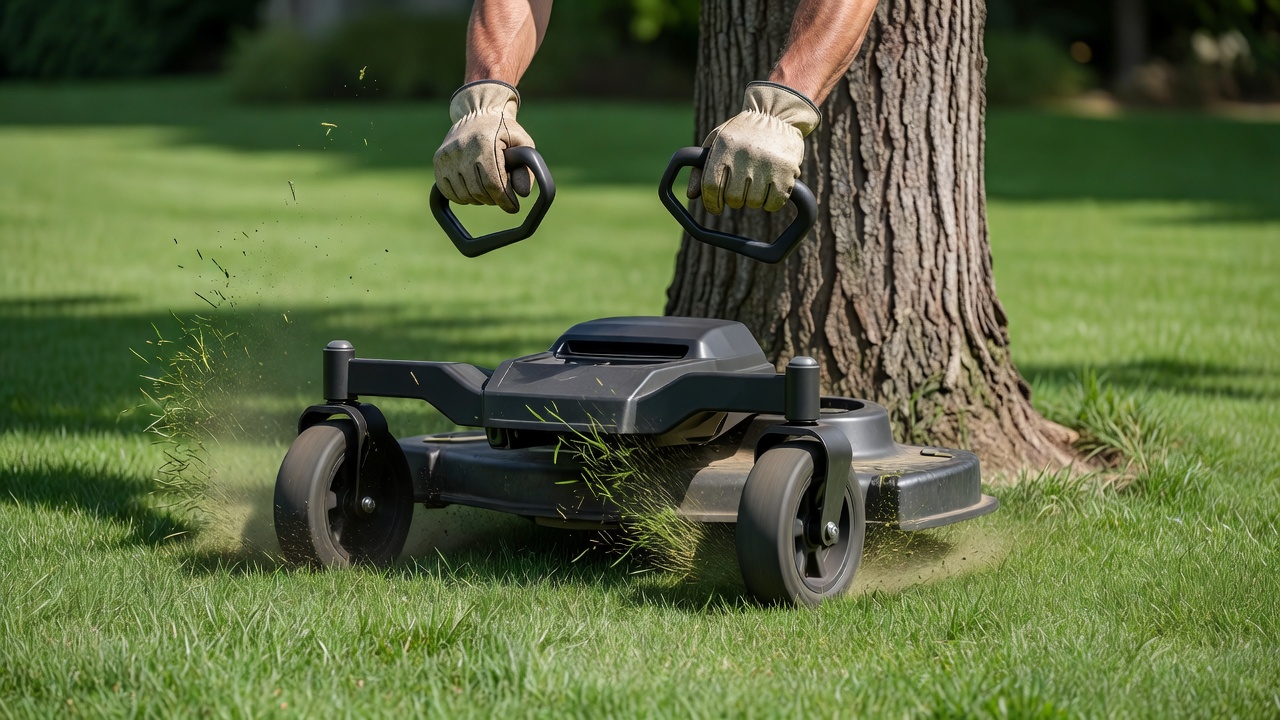 Close-up of hands on zero turn mower steering levers while turning around a tree.