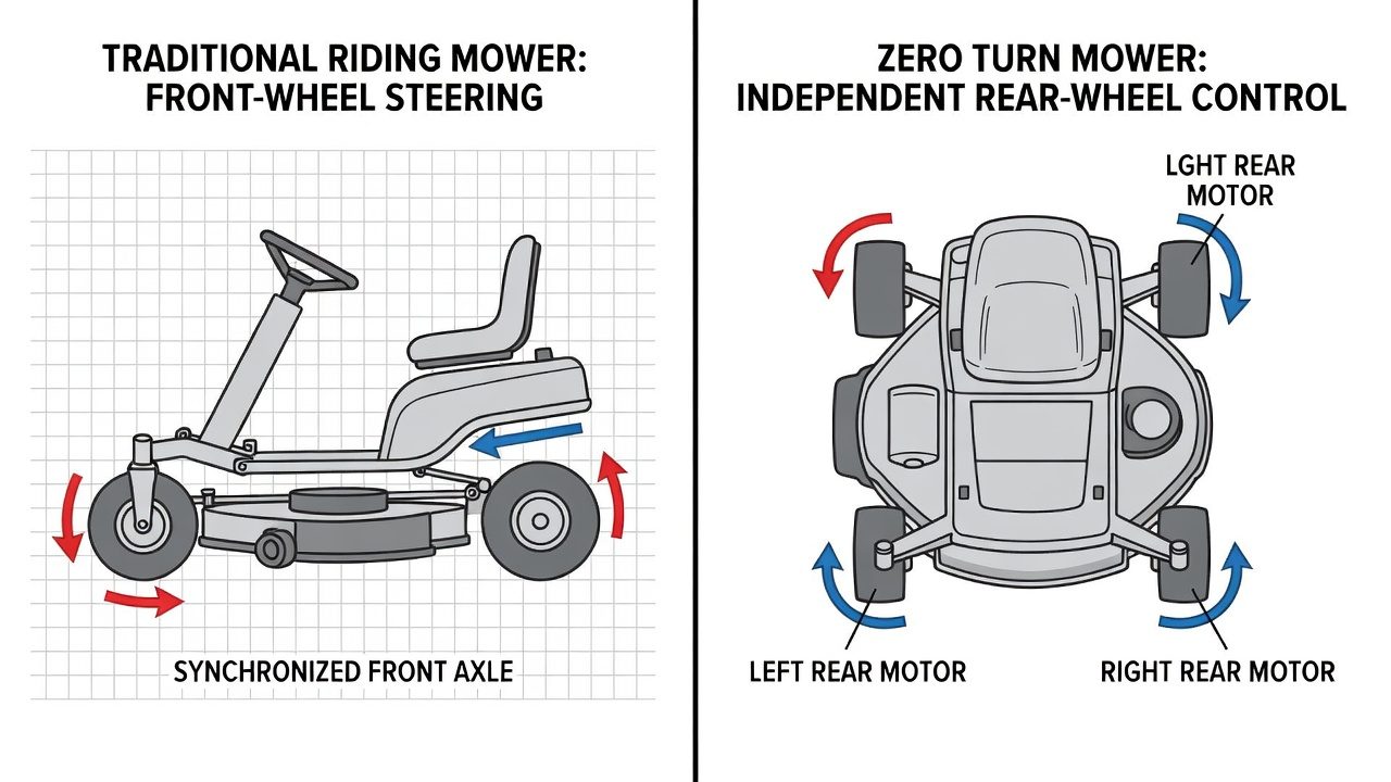 Comparison of traditional mower steering versus zero turn independent wheel control