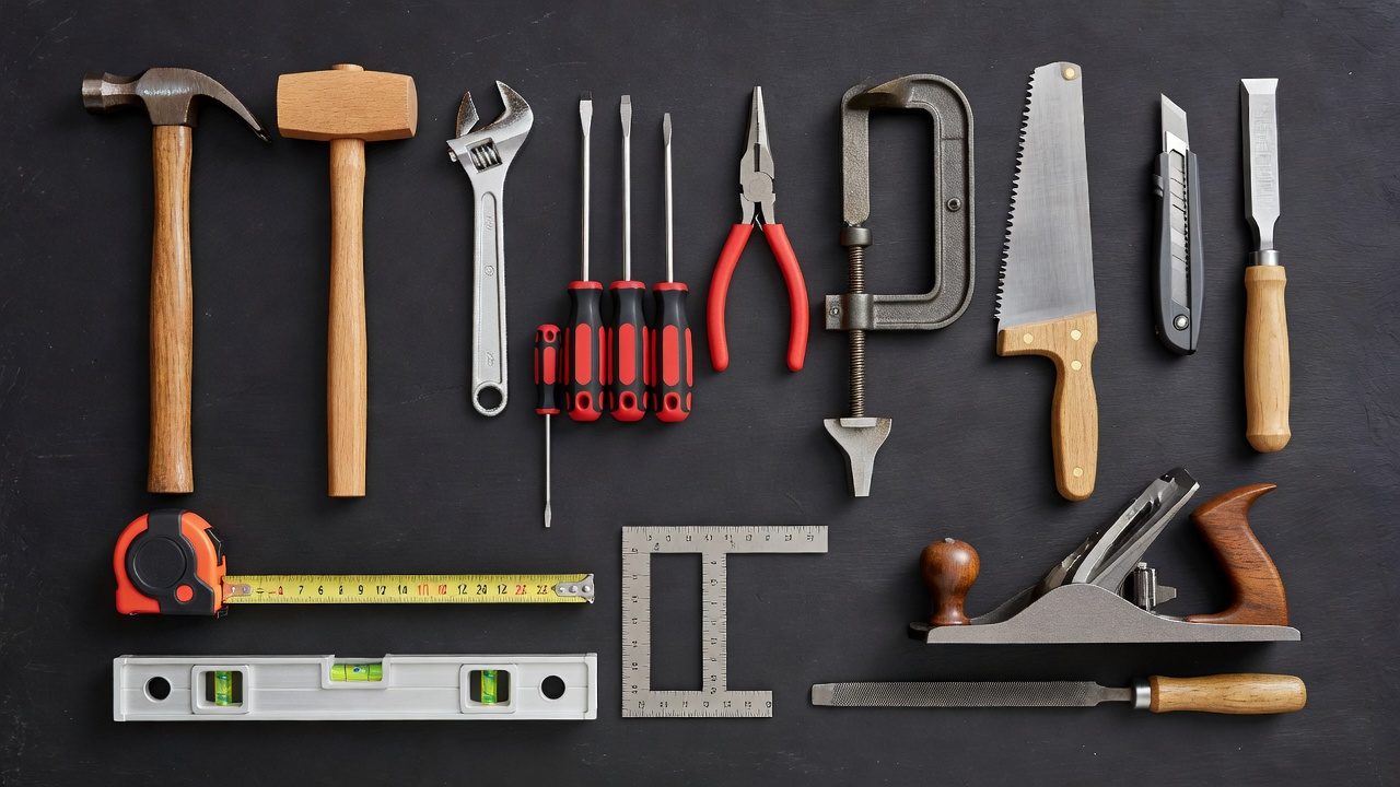 Overhead flat-lay grouping hand tools by function: striking, fastening, gripping, cutting, measuring, and finishing categories on a dark surface