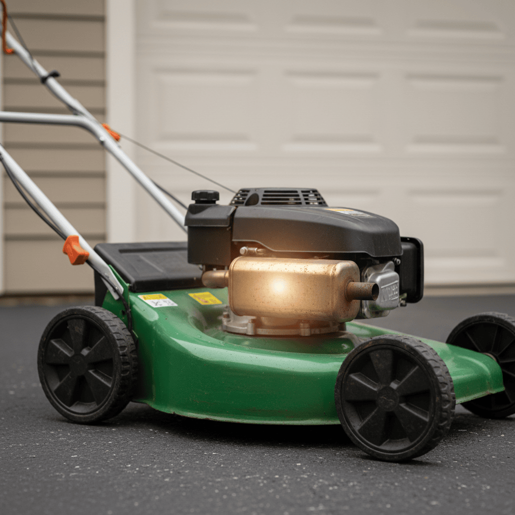Lawn mower side view with focus on the exhaust muffler, representing backfire causes and repairs
