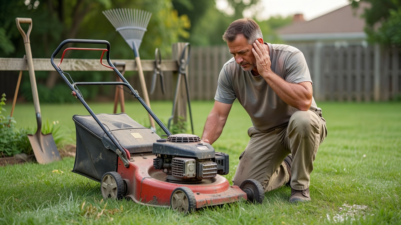 A person kneeling beside a lawn mower and listening closely to the engine.