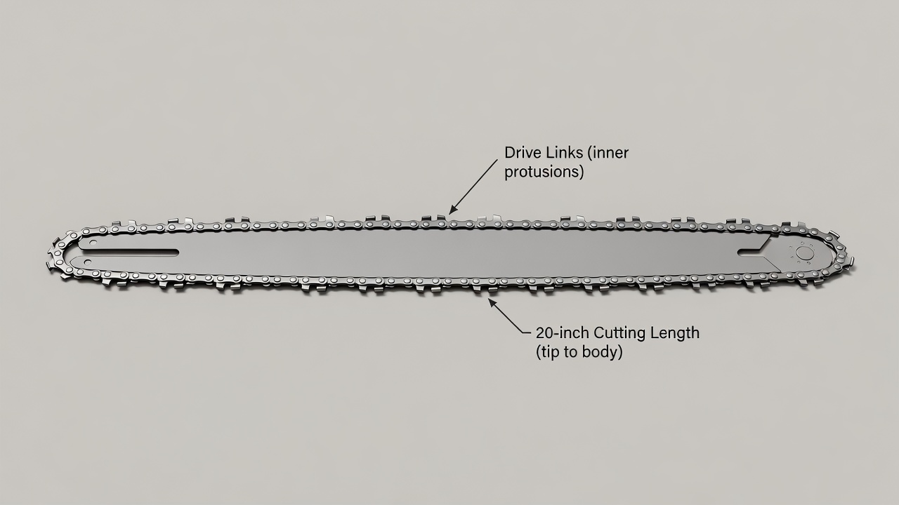 A labeled diagram illustrating a chainsaw bar and chain with drive links and cutting length visible.