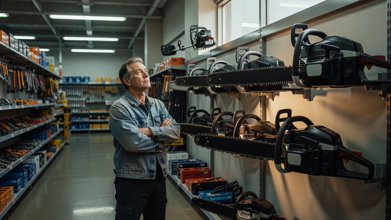 What Chainsaw Do You Need? (Key Factors, Power Types & How to Decide) Person thoughtfully looking at a display wall of chainsaws in a tool store.
