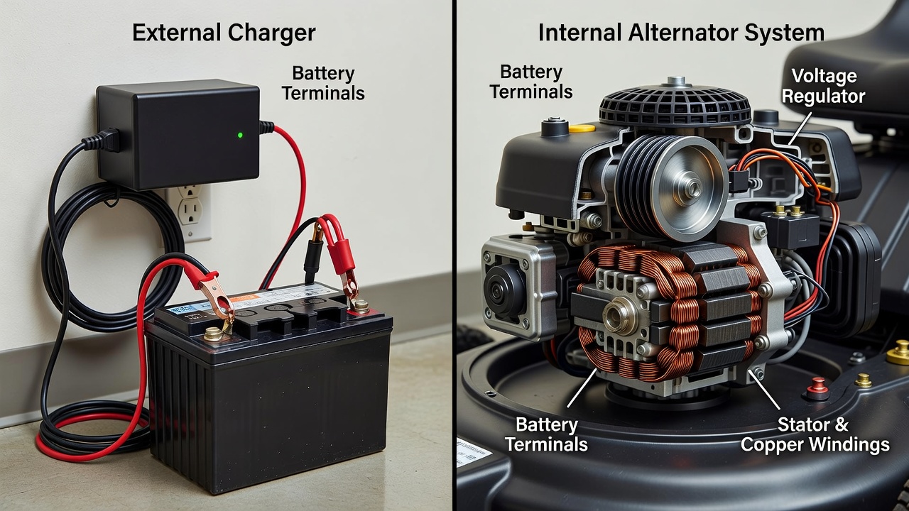 What Charges a Battery on a Lawn Mower? (Complete Guide to Charging Systems & Methods) Comparison of external charger and onboard stator/alternator charging systems