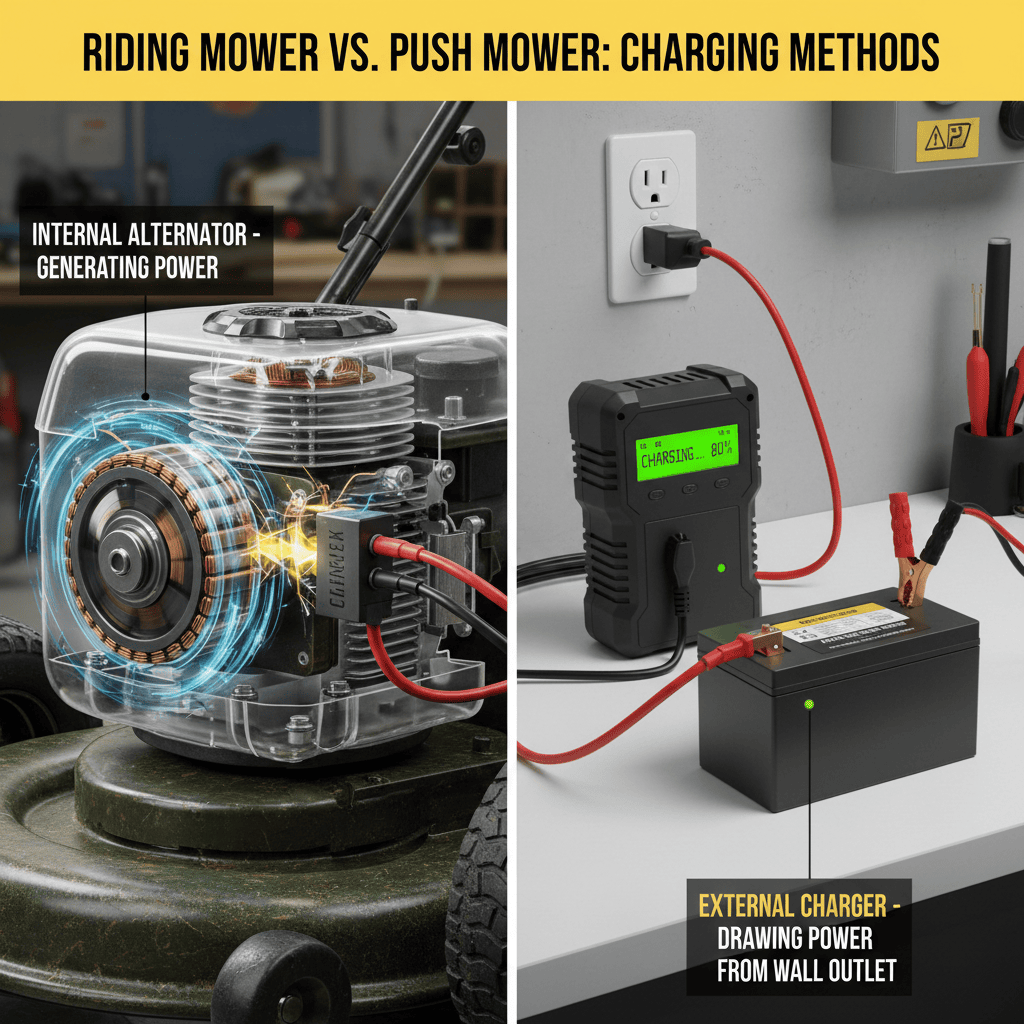 Side-by-side comparison of alternator charging system and external battery charger methods