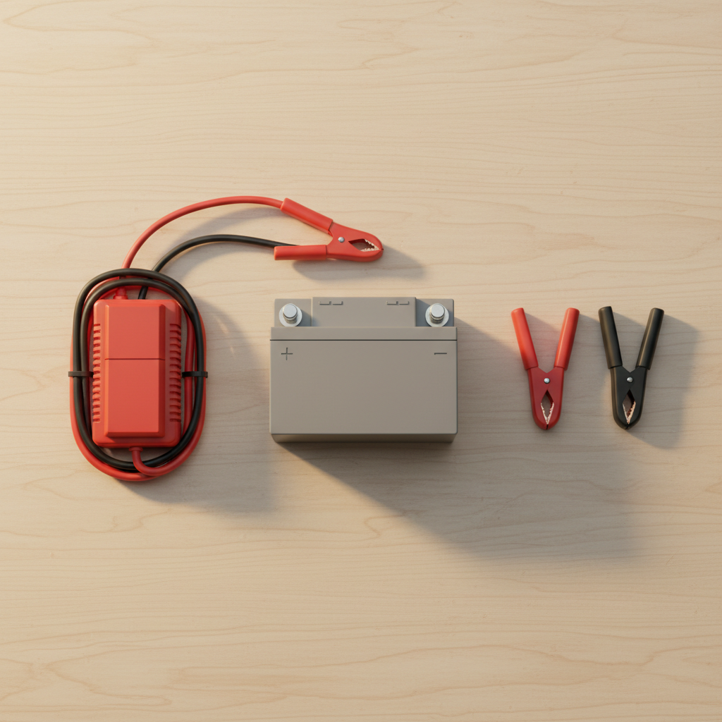 Lawn mower battery charging components laid out on a workshop bench including battery, charger, and cables