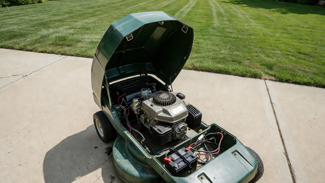 Gas-powered riding lawn mower with engine hood open showing battery and charging components