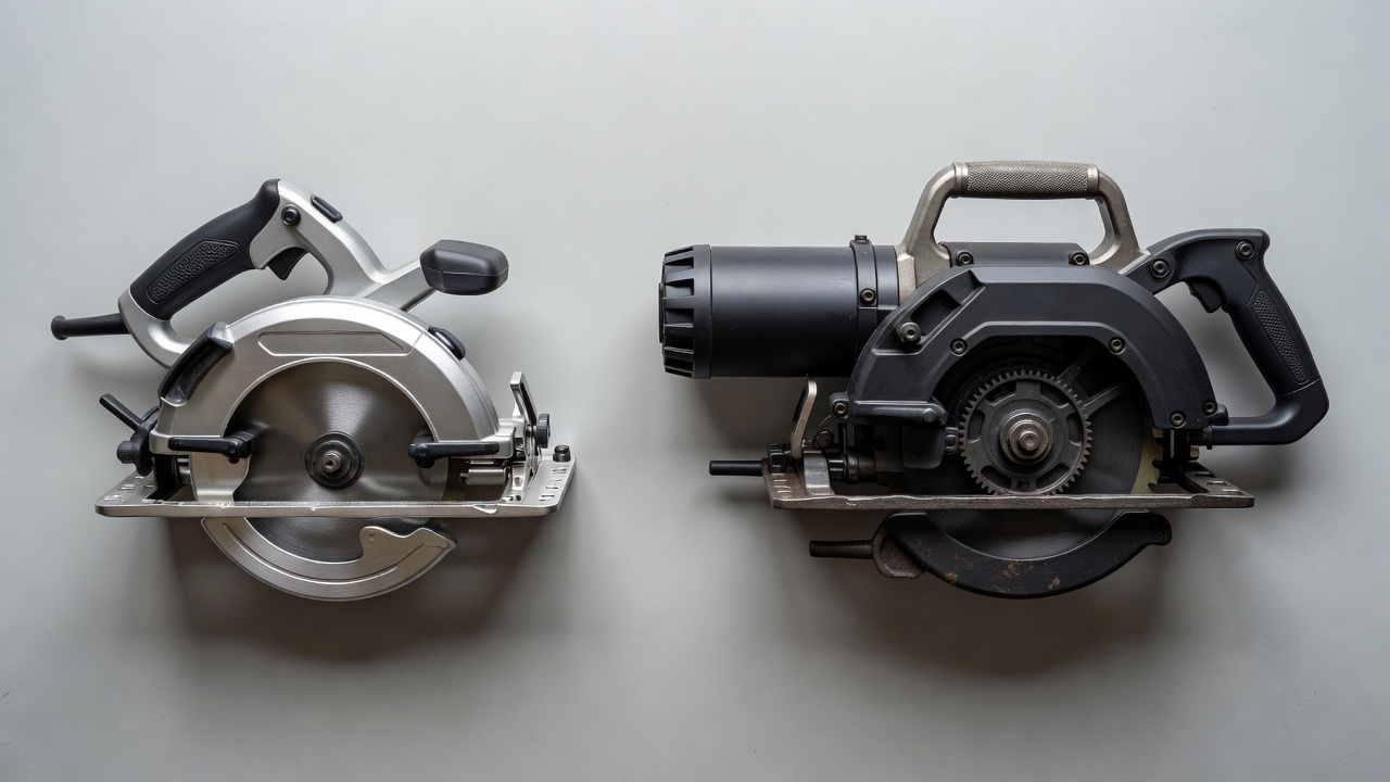 Two different types of circular saws, a sidewinder and a worm-drive, placed side by side.