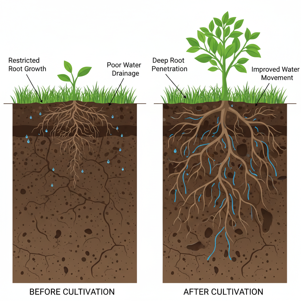 Cross-section comparison of compacted soil versus cultivated, aerated soil with root growth differences