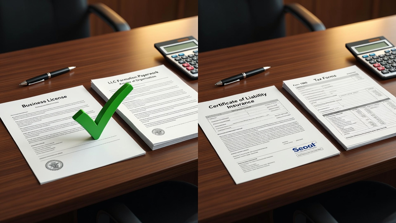 Business documents including license, LLC paperwork, and insurance certificates organized on a desk