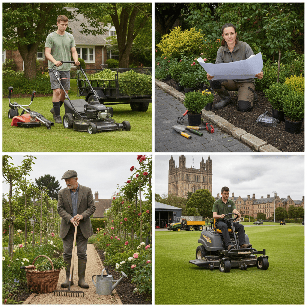 Four different lawn care professionals representing various job titles and specializations