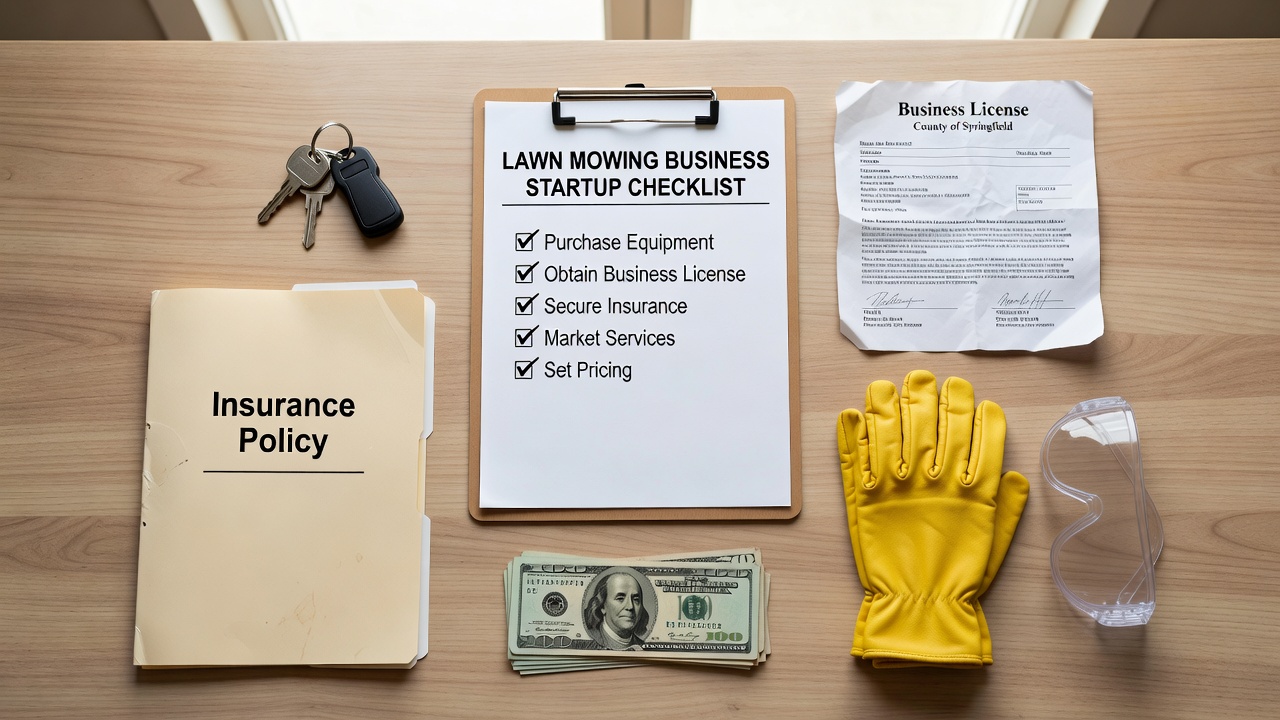 What Do You Need to Start a Lawn Mowing Business? (Complete Startup Checklist) Business startup checklist with lawn care equipment and documents