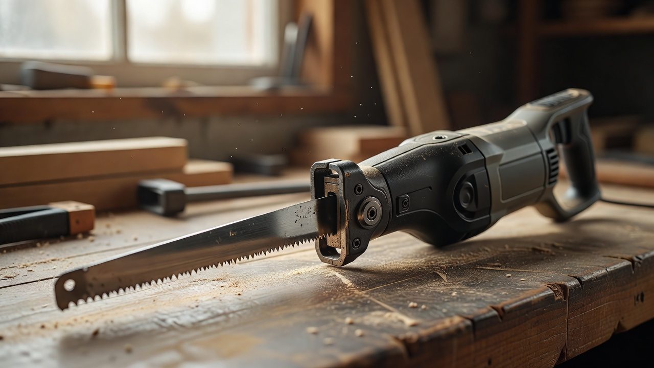 Close-up of a reciprocating saw blade and blade clamp on a workshop bench.