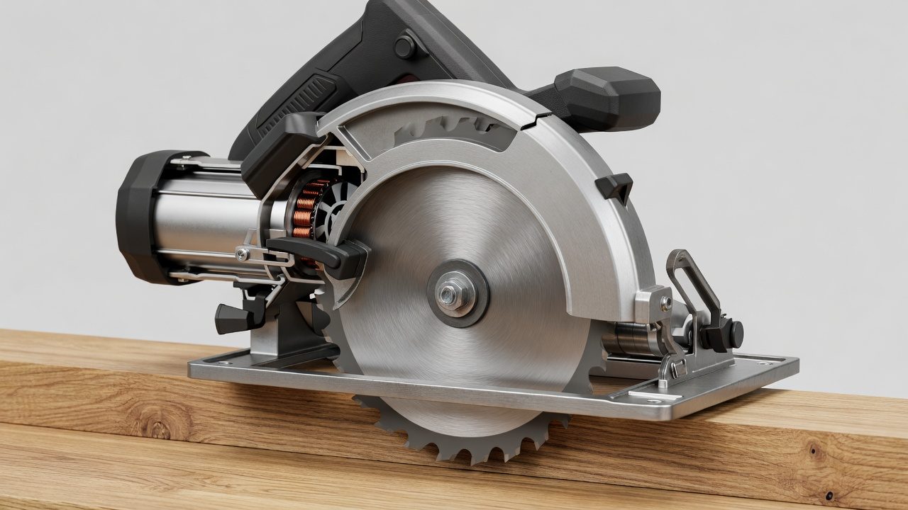 Side-view illustration of a circular saw showing the motor, spinning blade on its arbor, base plate, and automatic guard mechanism.