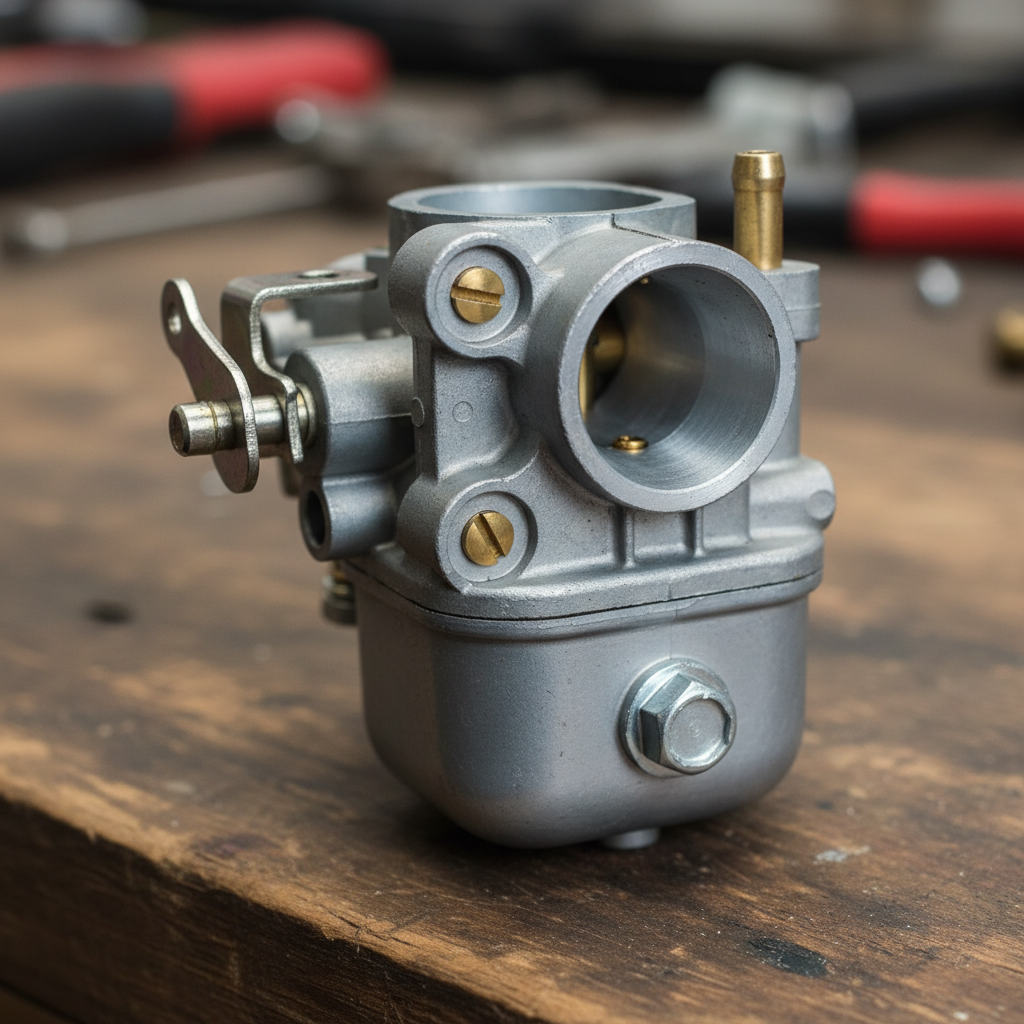 Lawn mower carburetor exterior showing the venturi throat, float bowl, brass adjustment screws, throttle linkage, and fuel inlet port