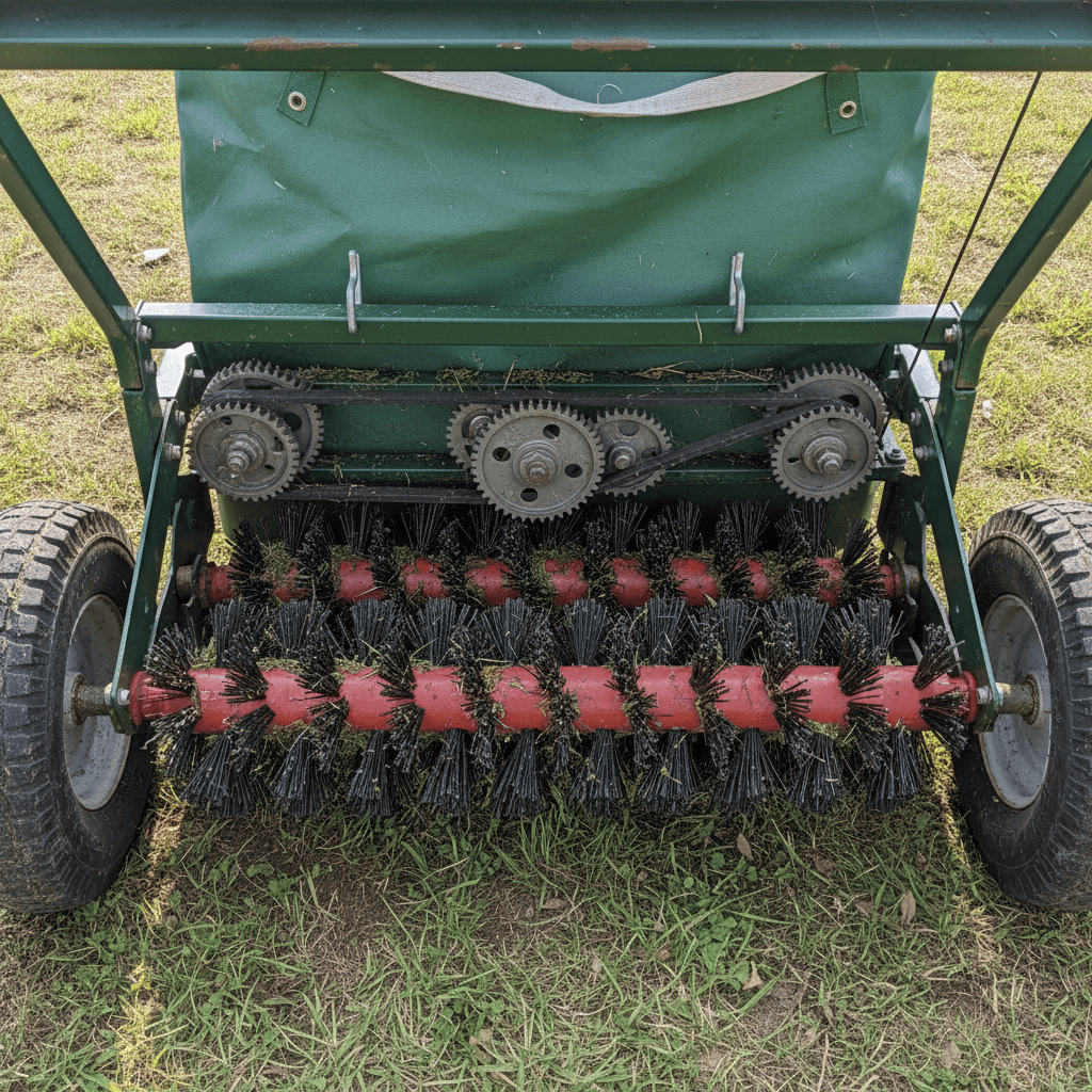 The rotating brushes and drive mechanism on the underside of a lawn sweeper.