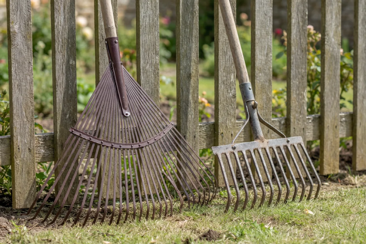 Comparison of a fan-shaped leaf rake and a straight garden rake