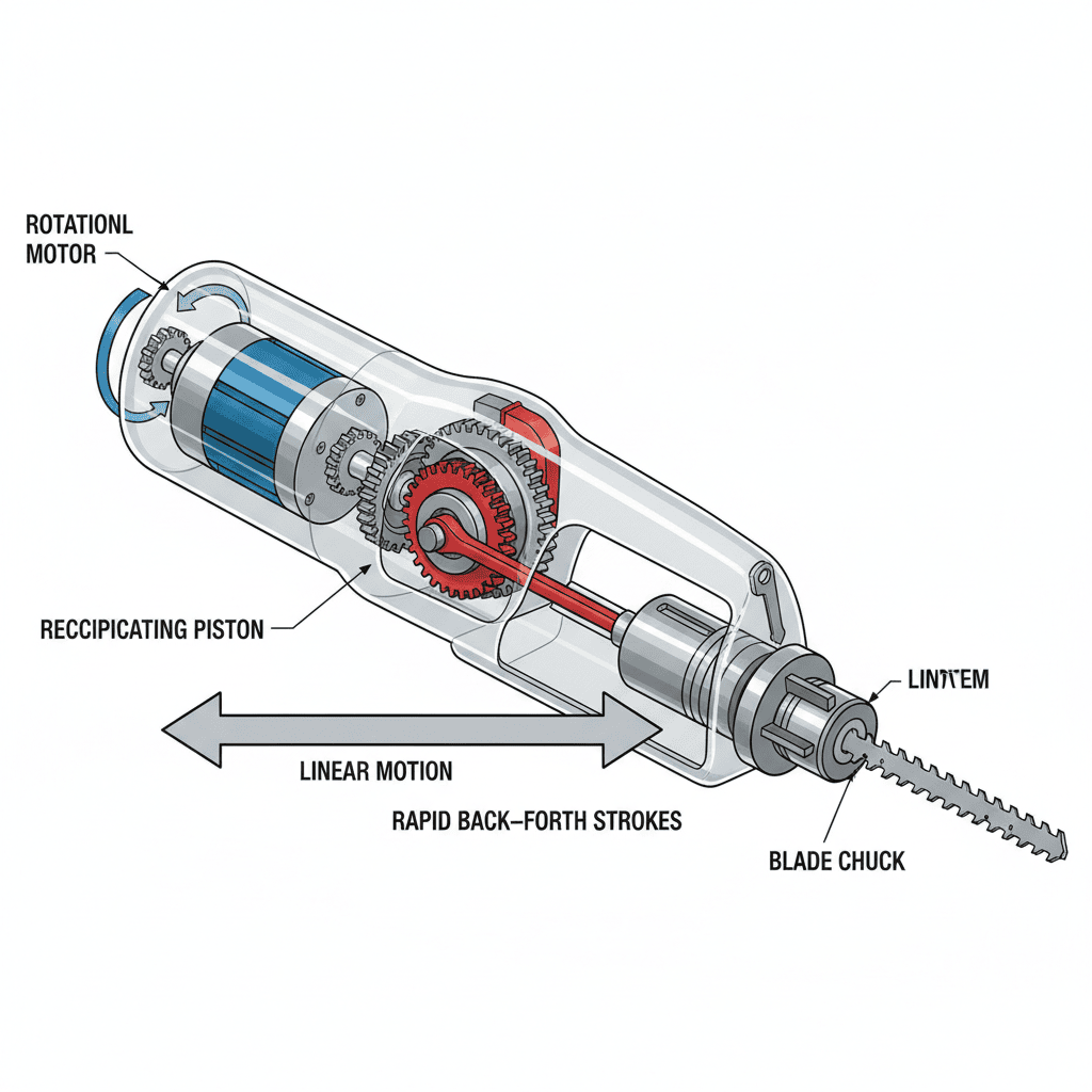 Internal mechanism of a reciprocating saw showing motor and blade motion