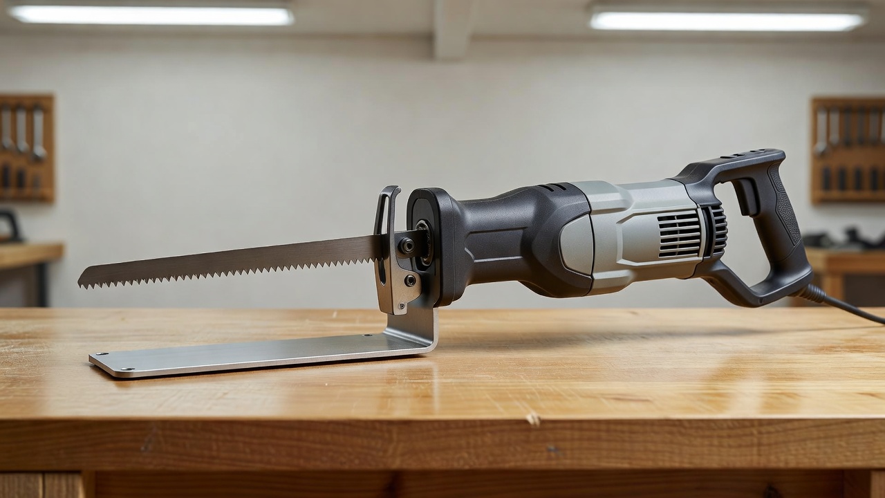 What Does a Sawzall Look Like? (Identifying a Reciprocating Saw) Reciprocating saw showing overall L-shaped silhouette, pistol grip handle, forward-protruding blade, and metal base plate.