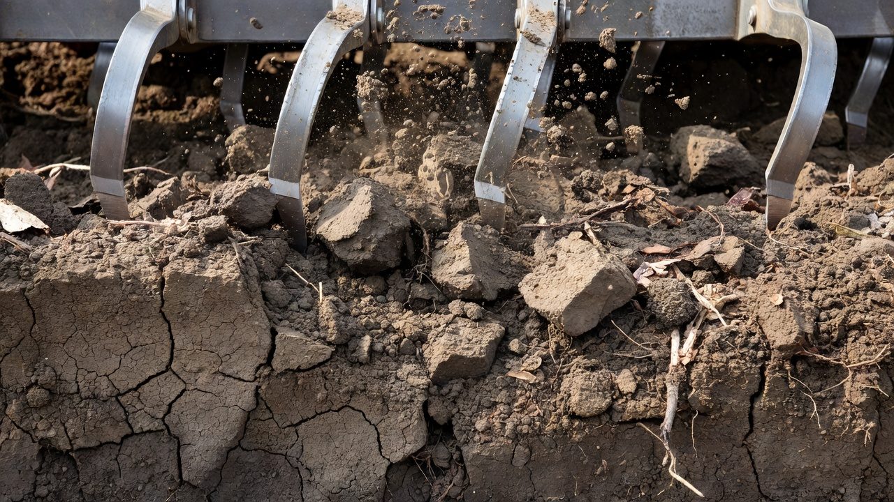 Cross-section diagram showing tiller tines breaking up and aerating soil layers