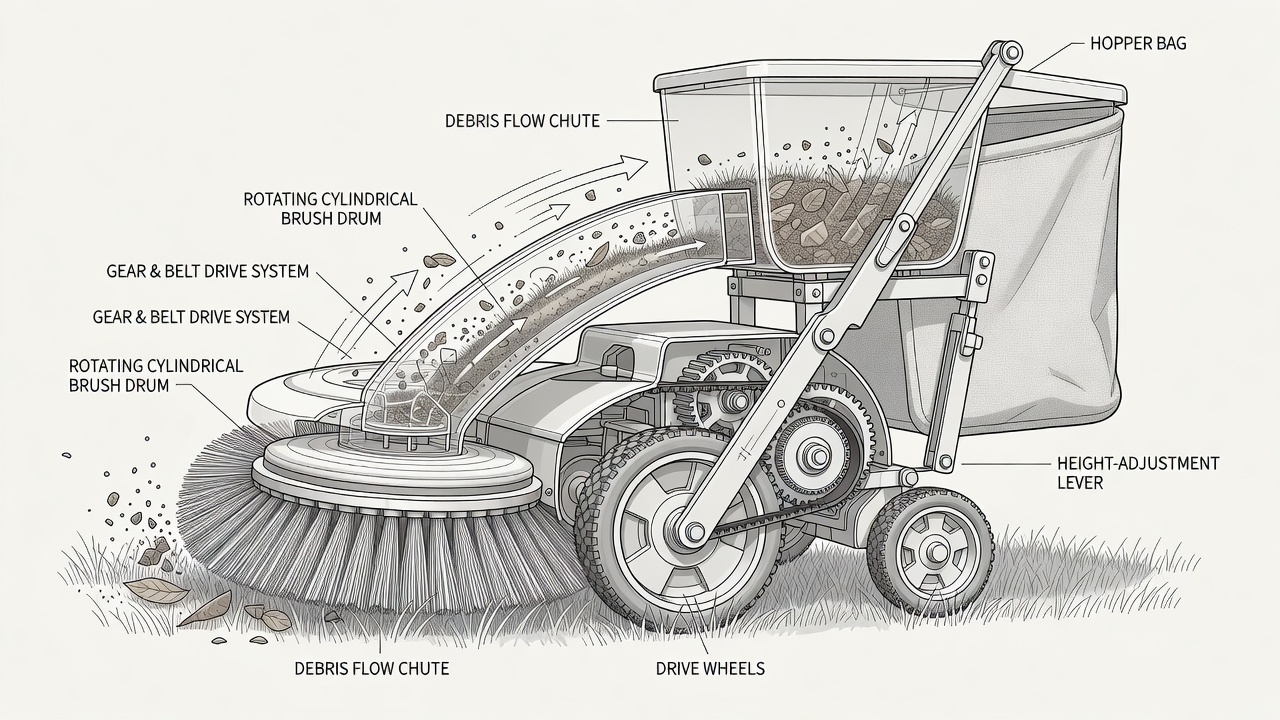 Labeled cross-section diagram of a yard sweeper showing rotating brush drum, debris collection path, hopper bag, height adjustment, and wheel-drive system.