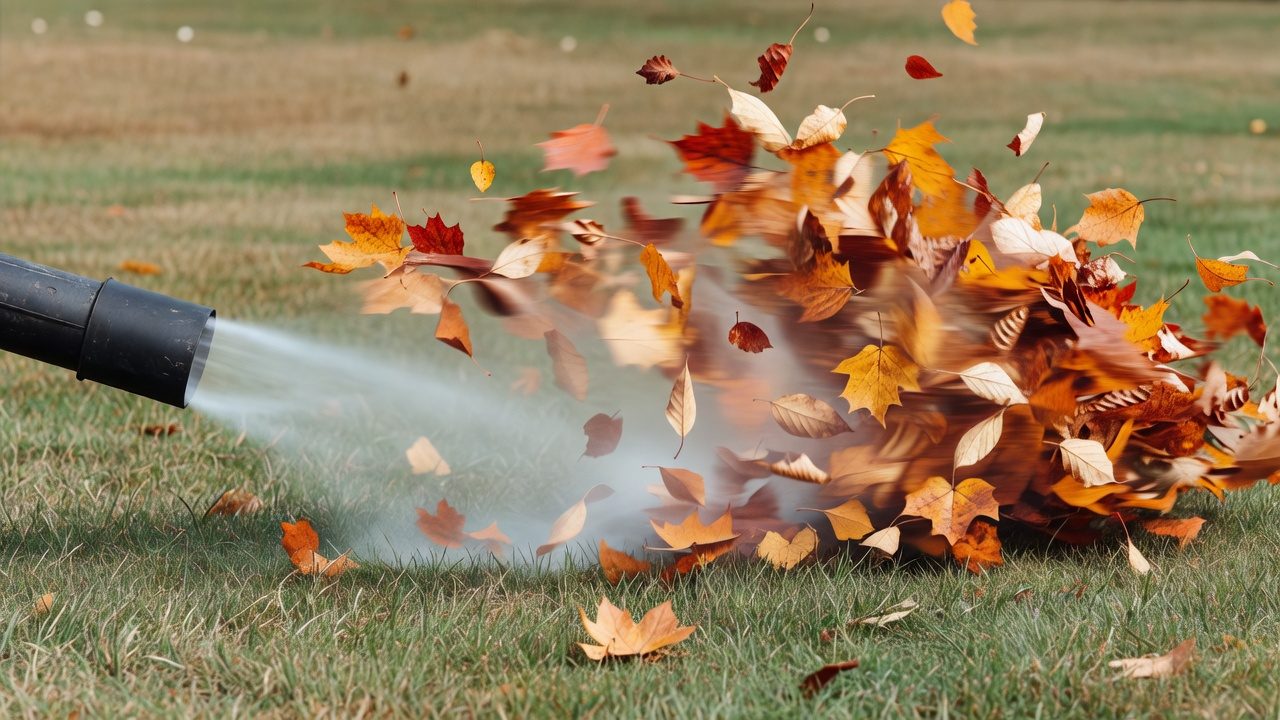 Close-up view of a leaf blower nozzle pushing a wide gust of dry leaves across the lawn