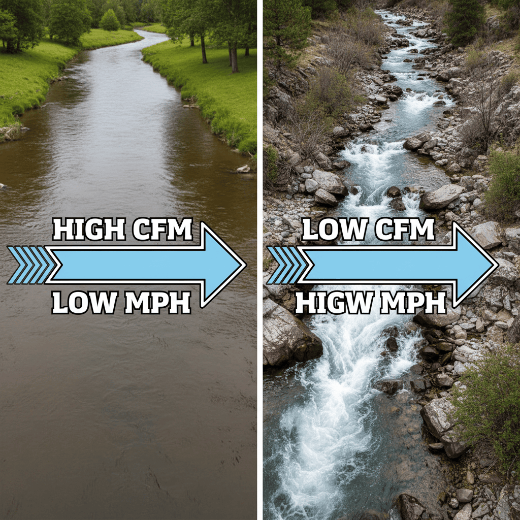 River analogy comparing CFM volume versus MPH velocity