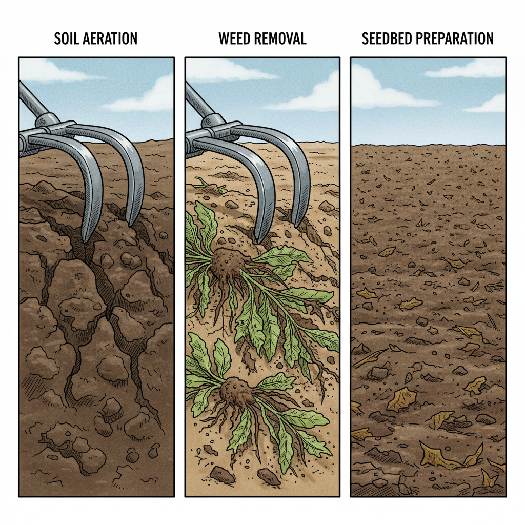 Three functions of cultivators: soil aeration, weed removal, and seedbed preparation